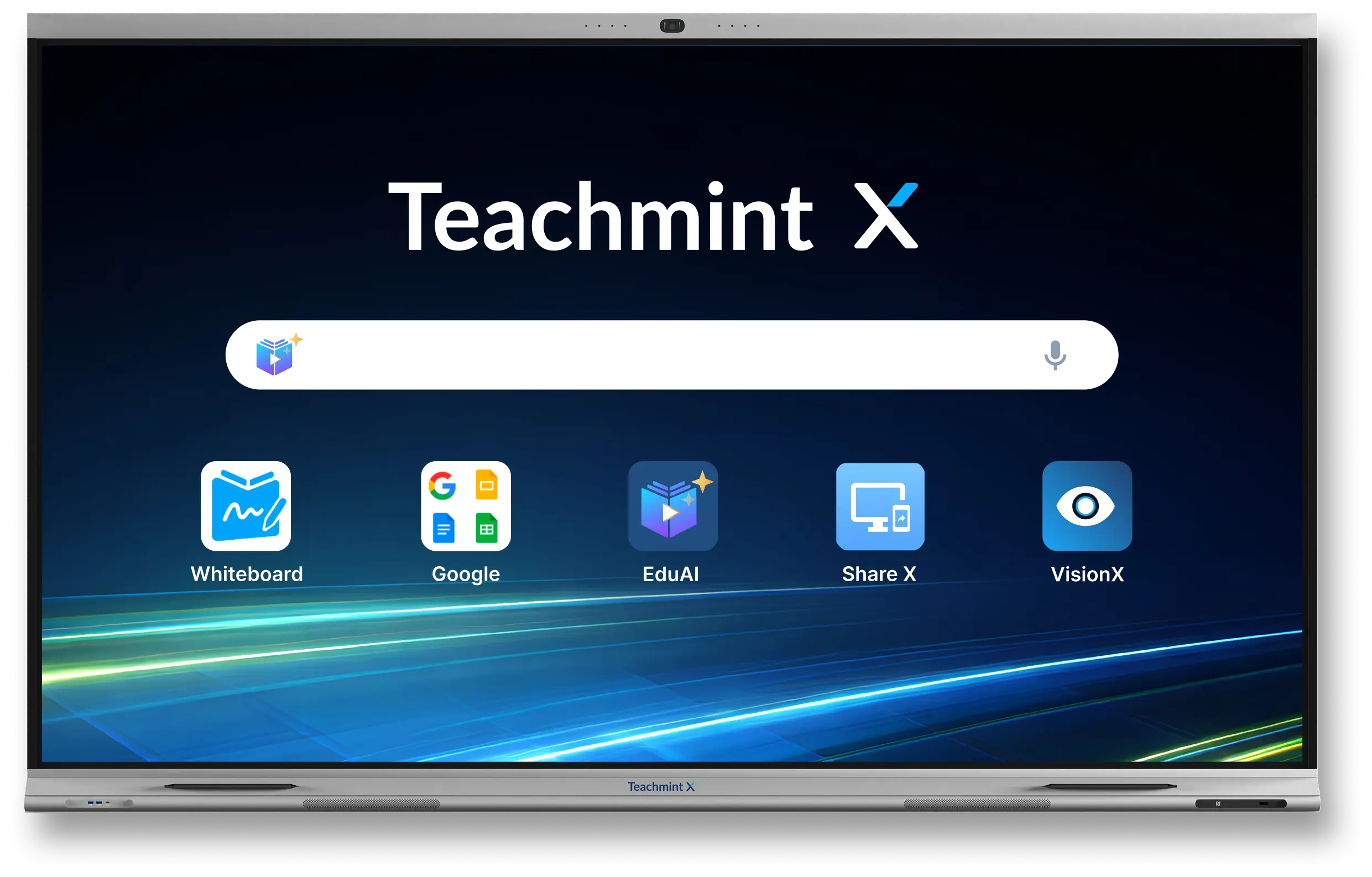 A Teachmint X panel showing the home screen with a search bar and the Whiteboard, Google, EduAI, Share X and VisionX apps